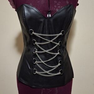 Black Pleather Chain-Embellished Corset Top Size L